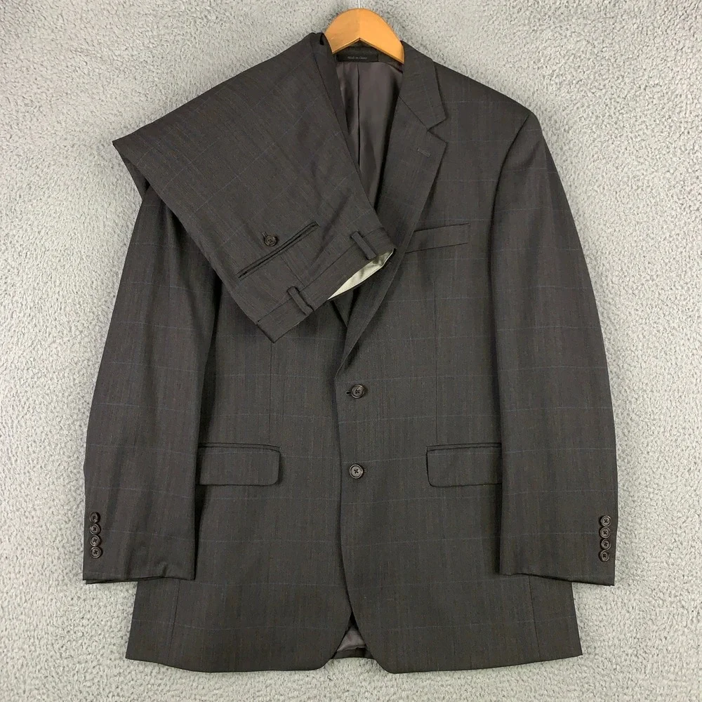 Lauren Ralph Lauren Wool 2 Piece Suit 42L Gray Windowpane Pleated Pants 36x32